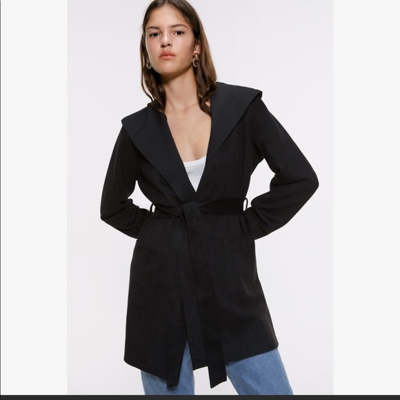 Zara Jackets & Blazers - Zara Basic FAUX SUEDE Long Sleeve Belt Hooded Jacket Color Black Size M #TC7